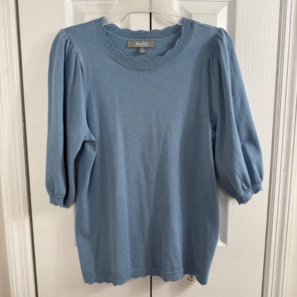 Marled Reunited Clothing Sweater Top S Blue Scallop Pointelle Puff Coquette